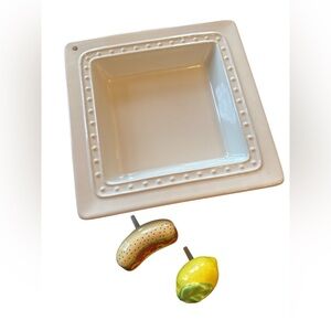 Nora Fleming retired pearl dot napkin holder/candy dish with hot dog and lemon.